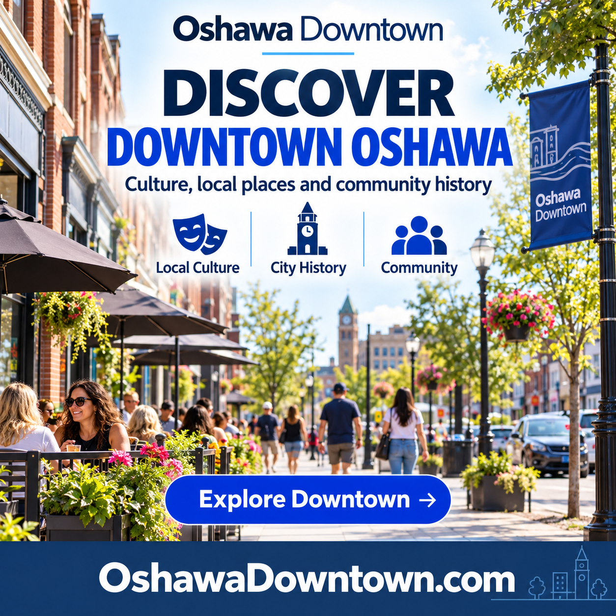 Oshawa Downtown square advertisement featuring OshawaDowntown.com